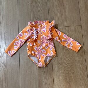 Jessica Simpson Orange and Pink Floral Ruffle One-Piece Swimsuit